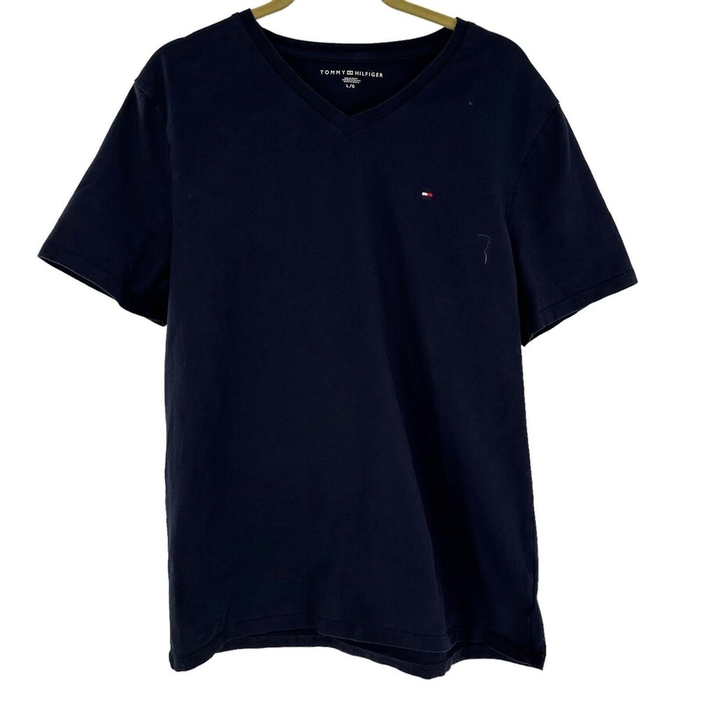 Tommy Hilfiger Shirt Large Navy Blue Flag Outdoors Casual Preppy Mens V Neck Tee
